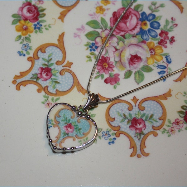 Broken China Jewelry, Pink Rose Liberty China Heart, Santa Rosa Pattern, Sweet and Petite Heart Pendant Necklace