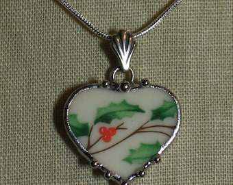 Lenox Christmas Holly Sweet and Petite Heart Pendant Necklace, Broken China Jewelry Necklace