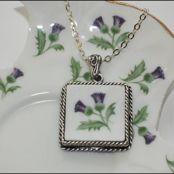 Broken China Jewelry, Handcrafted Aynsley Scottish Purple Thistle, Ornate Square Pendant Necklace