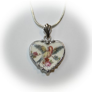 Broken China Jewelry Bluebird with Rose Swag Sweet and Petite Heart Pendant Necklace The Perfect Bridesmaid's Gift
