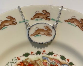 Royal Doulton BUNNYKINS Broken China Jewelry Running Bunny Rabbit Oval Necklace