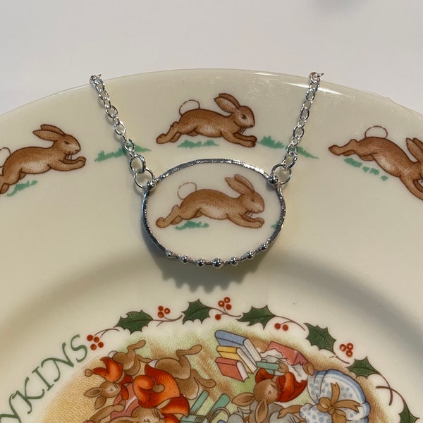 Royal Doulton BUNNYKINS Broken China Jewelry Running Bunny Rabbit Oval Necklace