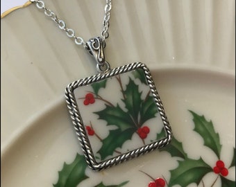 Broken China Jewelry, Handcrafted Lenox Holly, Ornate Square Pendant Necklace