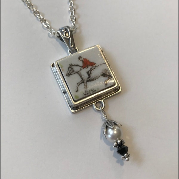 Broken China Jewelry, "Tally Ho"  Fox Hunt, Horse and Rider Equestrian Square Pendant Necklace