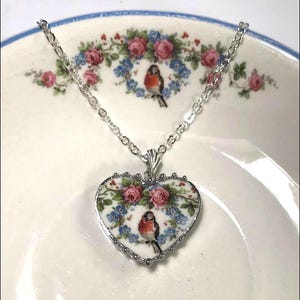 Broken China Jewelry, Robin And Roses Heart Pendant Necklace, 20th Anniversary Gift