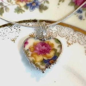 Broken China Jewelry Heart Necklace: Gold Castle Hostess Pattern Sweet and Petite Cabbage Rose Pendant