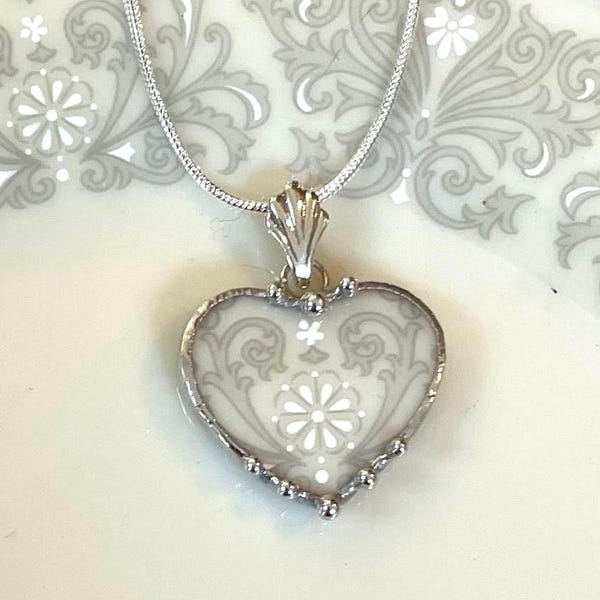 Broken China Jewelry, Lenox Snow Lily China Heart, Sweet and Petite Pendant Necklace, 20th Anniversary Gift