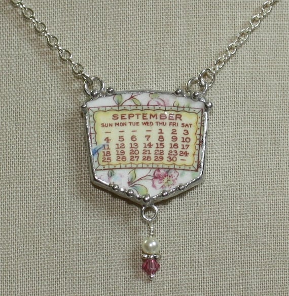 September 1921 Calendar Plate Broken China Jewelry Necklace with Month and Flowers