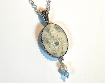 Broken China Jewelry, Lenox Windsong Oval Pendant Necklace....My Wedding China, 20th Wedding Anniversary Gift