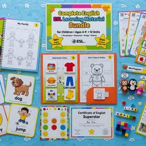 Complete English ESL learning material bundle for children with worksheets, audiobooks, and grammar activities for teaching kids English