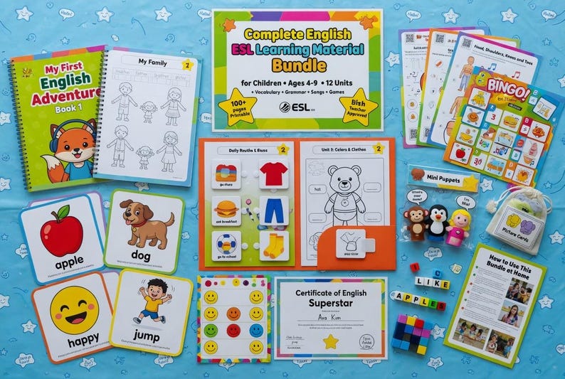 Complete English ESL learning material bundle for children with worksheets, audiobooks, and grammar activities for teaching kids English