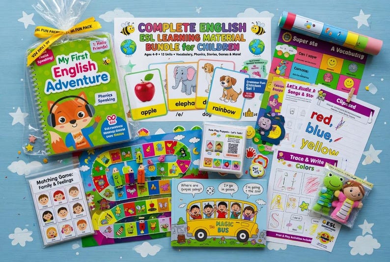 Complete English ESL learning material bundle for children with worksheets, audiobooks, and grammar activities for teaching kids English