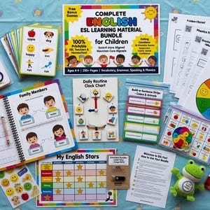 Complete English ESL learning material bundle for children with worksheets, audiobooks, and grammar activities for teaching kids English