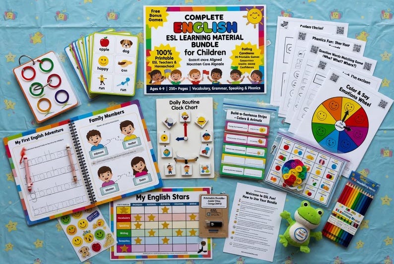 Complete English ESL learning material bundle for children with worksheets, audiobooks, and grammar activities for teaching kids English