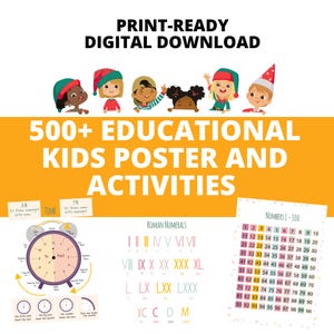 May include: A set of printable educational posters and activities for kids featuring a colorful design with elves and a yellow background. The posters include a clock, Roman numerals, and numbers 1-100.