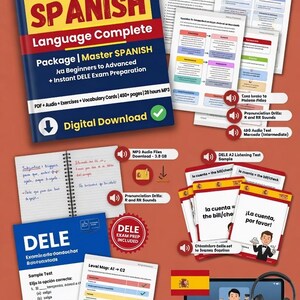 May include: A comprehensive Spanish language learning package with a blue and red cover, including a book, audio files, vocabulary cards, and practice tests. The package is designed for beginners to advanced learners and includes DELE exam preparation.