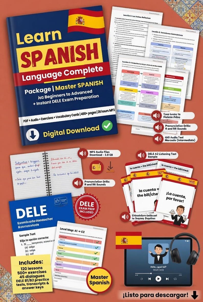 May include: A comprehensive Spanish language learning package with a blue and red cover, including a book, audio files, vocabulary cards, and practice tests. The package is designed for beginners to advanced learners and includes DELE exam preparation.