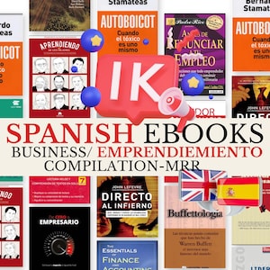 Könnte beinhalten: Eine Zusammenstellung spanischer eBooks zu den Themen Wirtschaft und Unternehmertum. Das Bild zeigt verschiedene Buchcover mit Titeln wie "Aprendiendo de los Mejores" und "Directo al Infierno". Der Text "SPANISH EBOOKS BUSINESS/ EMPRENDIMIENTO COMPILATION-MRR" ist ebenfalls zu sehen.