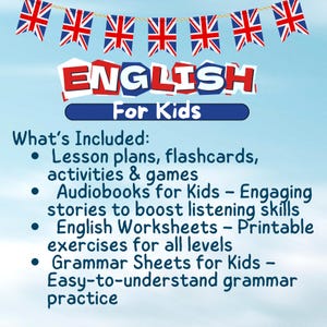 Complete English ESL learning material bundle for children with worksheets, audiobooks, and grammar activities for teaching kids English