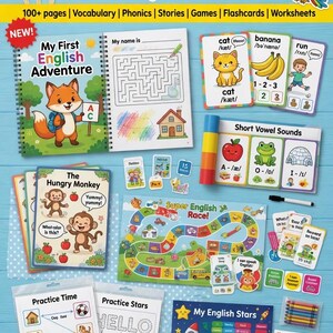 Complete English ESL learning material bundle for children with worksheets, audiobooks, and grammar activities for teaching kids English