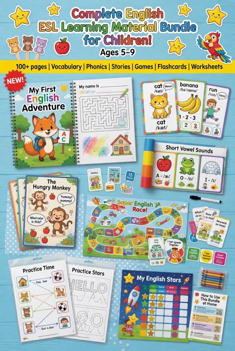 Complete English ESL learning material bundle for children with worksheets, audiobooks, and grammar activities for teaching kids English