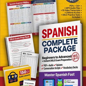May include: A Spanish language learning package with a white book titled "SPANISH COMPLETE PACKAGE" and other learning materials. Includes audio lessons, flashcards, and grammar guides. Features "Instant Digital Download" badge.