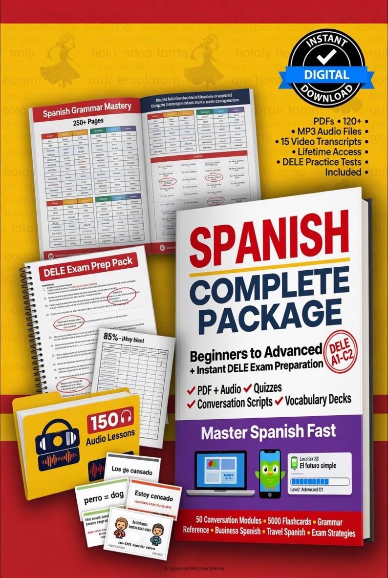 May include: A Spanish language learning package with a white book titled "SPANISH COMPLETE PACKAGE" and other learning materials. Includes audio lessons, flashcards, and grammar guides. Features "Instant Digital Download" badge.