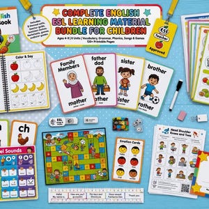 Complete English ESL learning material bundle for children with worksheets, audiobooks, and grammar activities for teaching kids English