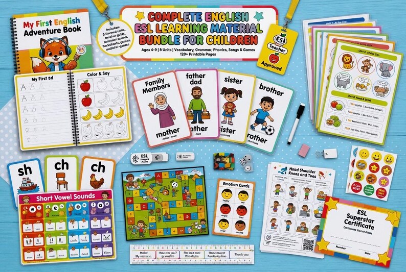 Complete English ESL learning material bundle for children with worksheets, audiobooks, and grammar activities for teaching kids English