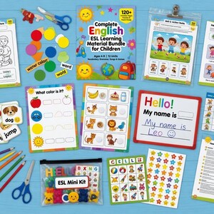 Complete English ESL learning material bundle for children with worksheets, audiobooks, and grammar activities for teaching kids English