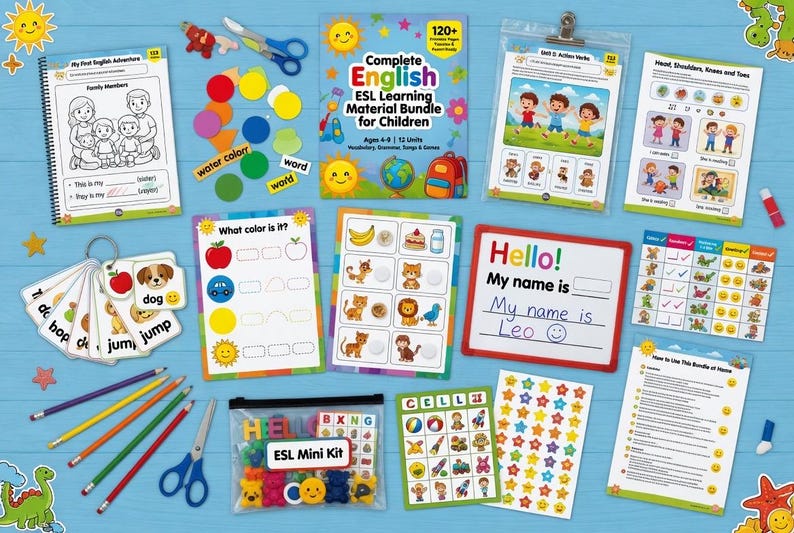 Complete English ESL learning material bundle for children with worksheets, audiobooks, and grammar activities for teaching kids English