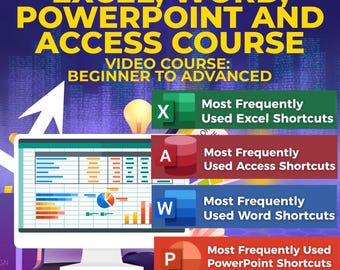 May include: A promotional image for an online course on Microsoft Office applications. The image features a computer screen displaying Excel charts, with text overlayed indicating the course covers Excel, Word, PowerPoint, and Access, from beginner to advanced levels.