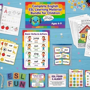 Complete English ESL learning material bundle for children with worksheets, audiobooks, and grammar activities for teaching kids English
