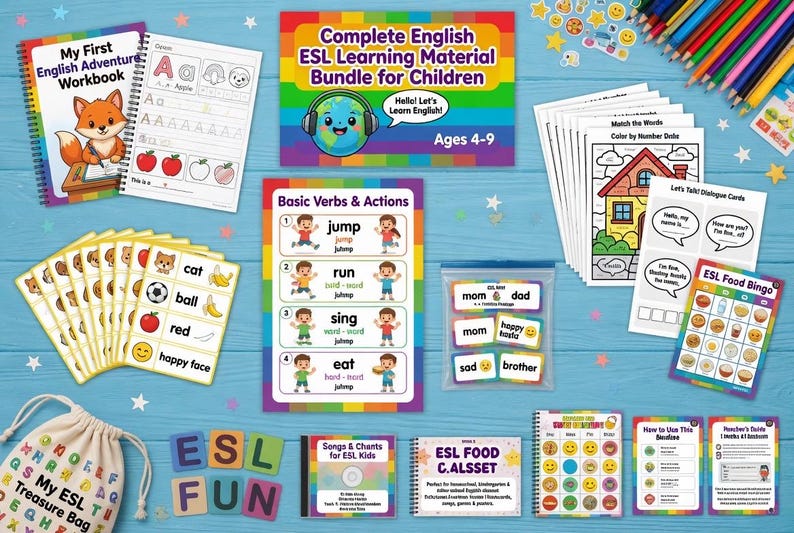 Complete English ESL learning material bundle for children with worksheets, audiobooks, and grammar activities for teaching kids English