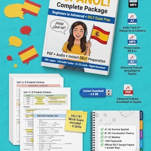 May include: A Spanish language learning package with a book, practice tests, and digital downloads. The book cover features the text "&iexcl;APRENDE ESPA&Ntilde;OL!" and an illustration of a woman holding a Spanish flag. Includes audio tracks and DELF exam prep.