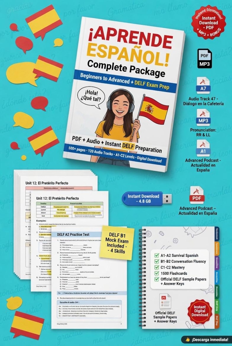 May include: A Spanish language learning package with a book, practice tests, and digital downloads. The book cover features the text "&iexcl;APRENDE ESPA&Ntilde;OL!" and an illustration of a woman holding a Spanish flag. Includes audio tracks and DELF exam prep.