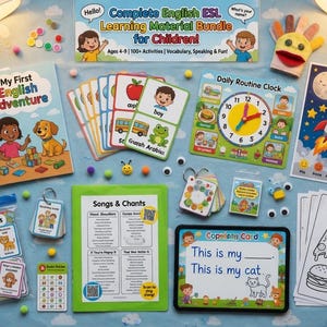 Complete English ESL learning material bundle for children with worksheets, audiobooks, and grammar activities for teaching kids English