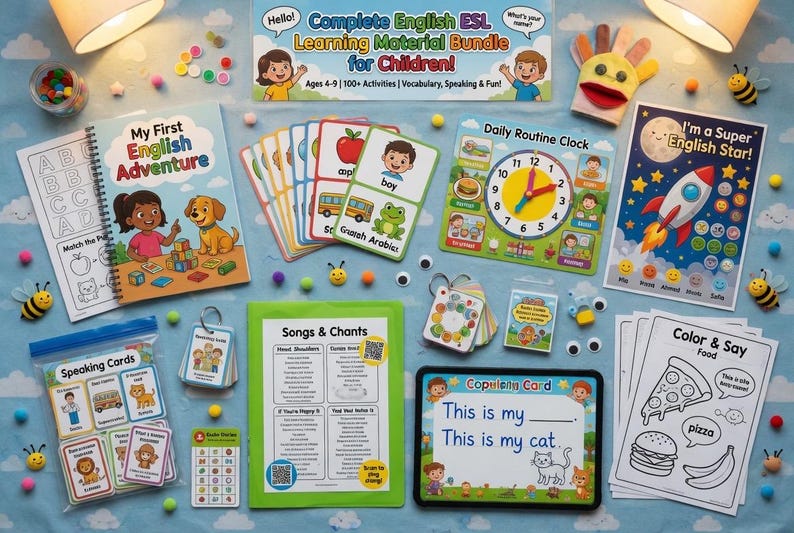 Complete English ESL learning material bundle for children with worksheets, audiobooks, and grammar activities for teaching kids English