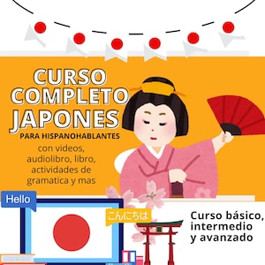May include: An illustration for a Japanese language course. It features a cartoon geisha in a pink kimono holding a red fan. Text includes "Curso Completo Japones" and "Hello" in a speech bubble. The background is orange.