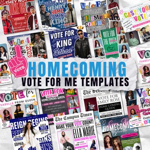 Op de afbeelding: Een collage van homecoming stemtemplates met diverse ontwerpen. De templates bevatten foto's van studenten, tekst zoals "Stem op Homecoming King/Queen" en schoolnamen. Het kleurenschema omvat blauw, roze en wit.