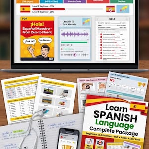 May include: A laptop displays a Spanish language learning program with the text "&iexcl;APRENDE ESPA&Ntilde;OL! Complete Package." Accompanying materials include printed worksheets, a smartphone, and a notebook with handwritten notes and a pair of white earbuds.