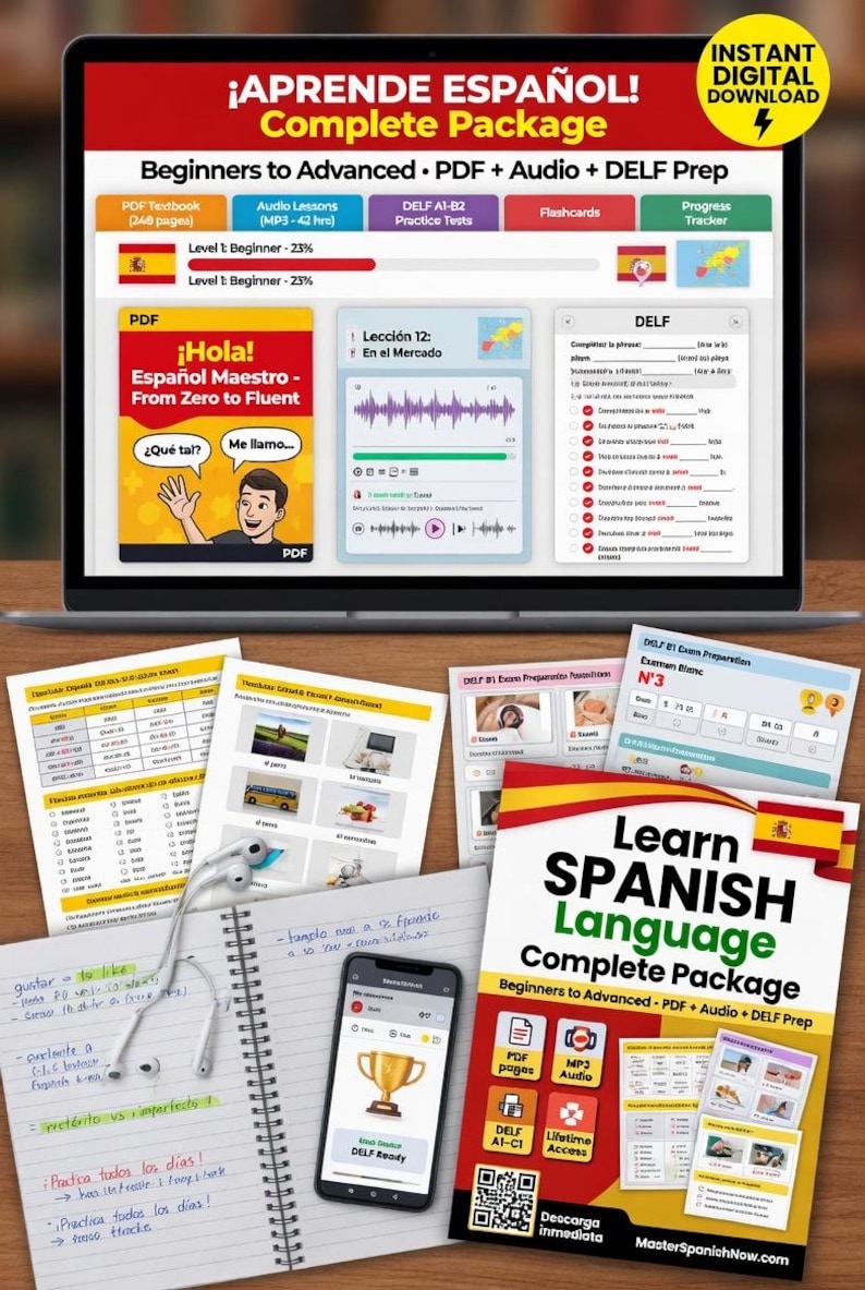 May include: A laptop displays a Spanish language learning program with the text "&iexcl;APRENDE ESPA&Ntilde;OL! Complete Package." Accompanying materials include printed worksheets, a smartphone, and a notebook with handwritten notes and a pair of white earbuds.