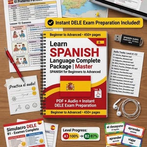 May include: A comprehensive Spanish language learning package with a spiral-bound book, flash drive, and study materials. Includes the text "Learn Spanish Language Complete Package | Master" and "Instant DELE Exam Preparation Included!" with a level progress indicator.