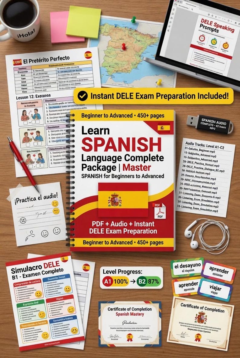 May include: A comprehensive Spanish language learning package with a spiral-bound book, flash drive, and study materials. Includes the text "Learn Spanish Language Complete Package | Master" and "Instant DELE Exam Preparation Included!" with a level progress indicator.