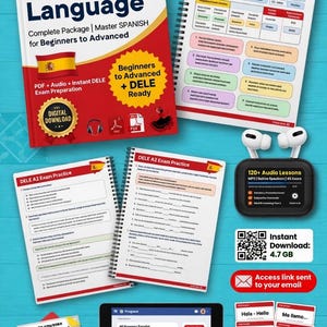 May include: A comprehensive Spanish language learning package with a book, practice notebooks, audio lessons, and digital download. Includes materials for beginners to advanced learners, with DELE exam preparation.