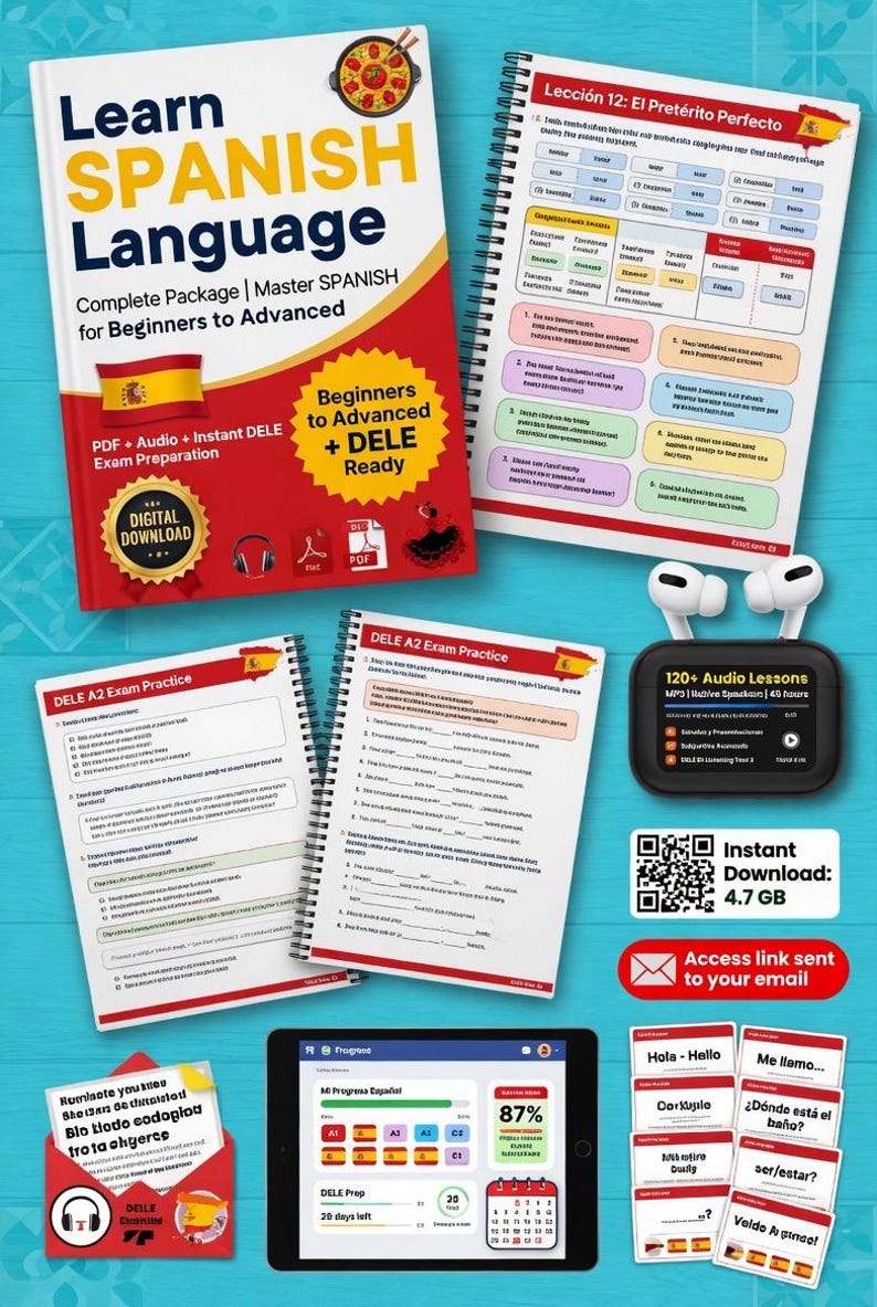 May include: A comprehensive Spanish language learning package with a book, practice notebooks, audio lessons, and digital download. Includes materials for beginners to advanced learners, with DELE exam preparation.