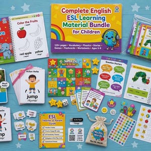 Complete English ESL learning material bundle for children with worksheets, audiobooks, and grammar activities for teaching kids English