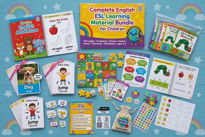 Complete English ESL learning material bundle for children with worksheets, audiobooks, and grammar activities for teaching kids English