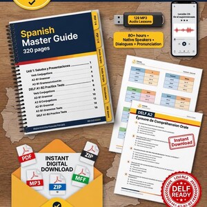 May include: A Spanish language learning package with a textbook, flashcards, audio lessons, and practice tests. The image includes a USB drive, a smartphone, and a digital download option. The package is designed for beginner to advanced learners.