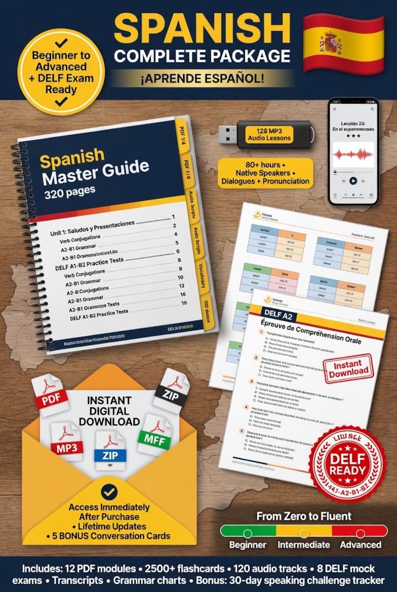 May include: A Spanish language learning package with a textbook, flashcards, audio lessons, and practice tests. The image includes a USB drive, a smartphone, and a digital download option. The package is designed for beginner to advanced learners.